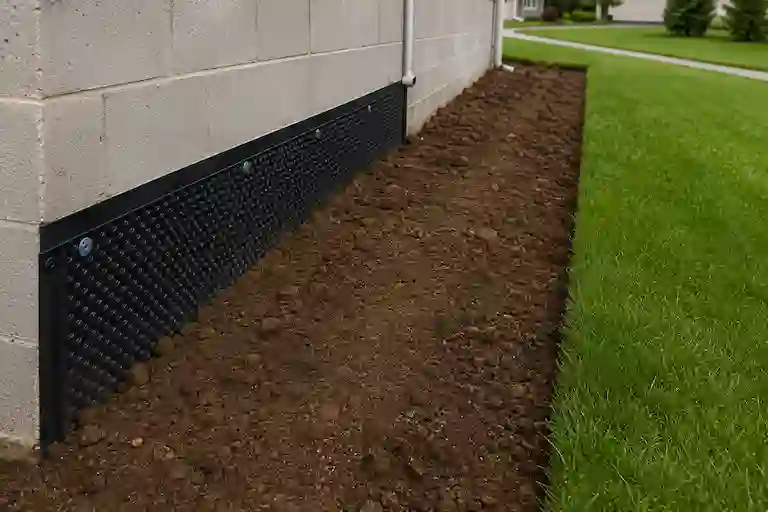Completed exterior waterproofing project with restored grading and foundation protection system
