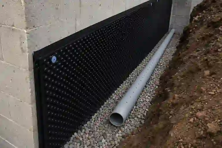Foundation drainage protection system with filter fabric and washed stone around footing drain
