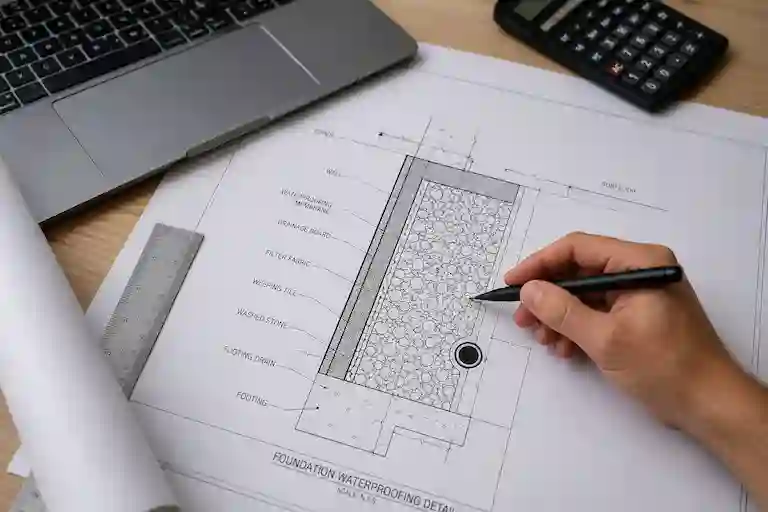 Foundation waterproofing system design blueprint with drainage and membrane layout details