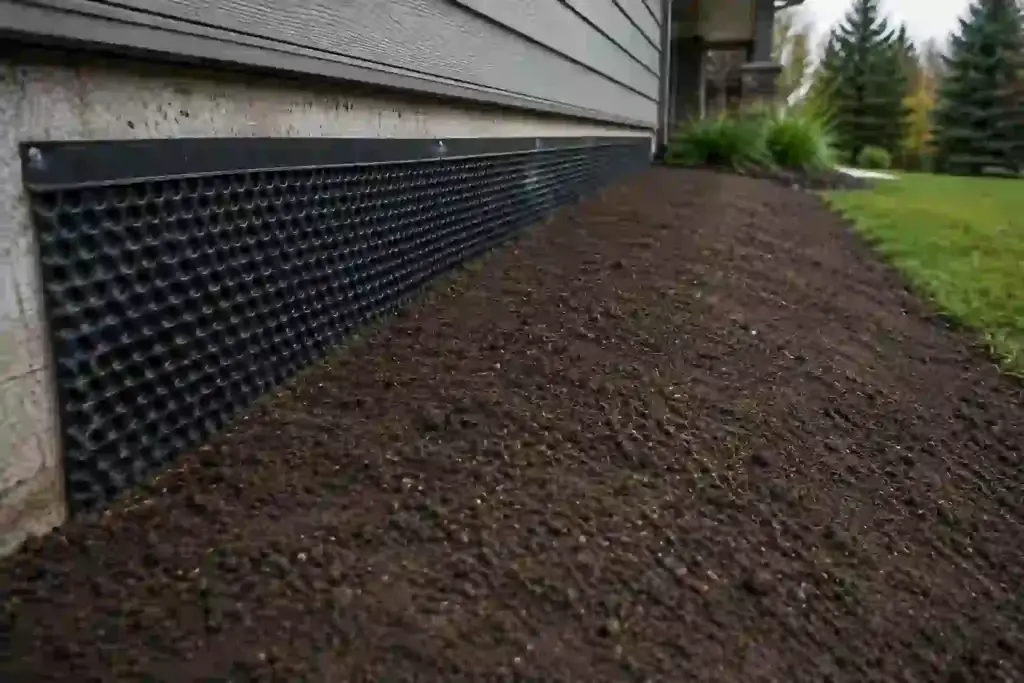 Final grading completed beside a residential foundation with visible HDPE drainage membrane during exterior waterproofing restoration in Ontario
