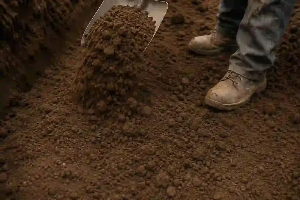 Worker boots and shovel backfilling soil beside a residential foundation waterproofing project in Ontario