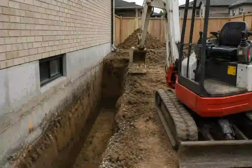 Mini excavator beside a dug-out residential foundation trench during exterior waterproofing excavation in Ontario