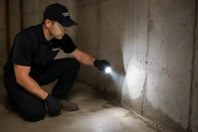 Technician inspecting basement foundation wall for water intrusion and moisture damage in Ontario home