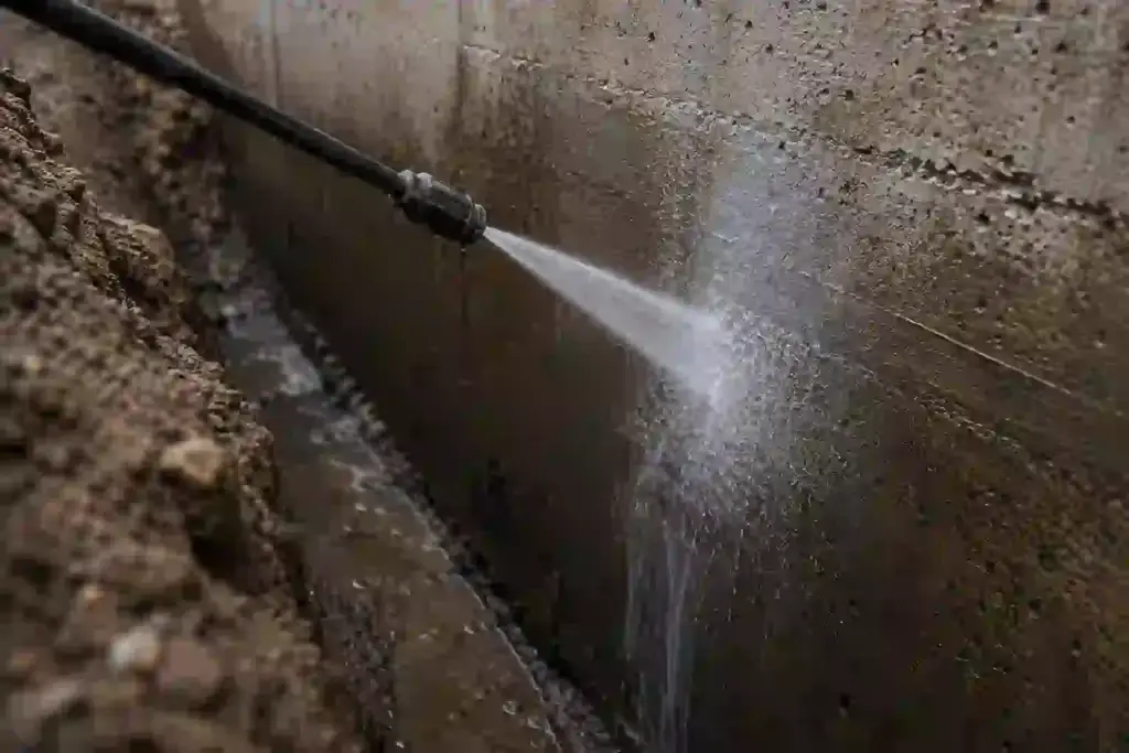 Pressure washer cleaning an exposed residential concrete foundation wall during exterior waterproofing preparation in Ontario