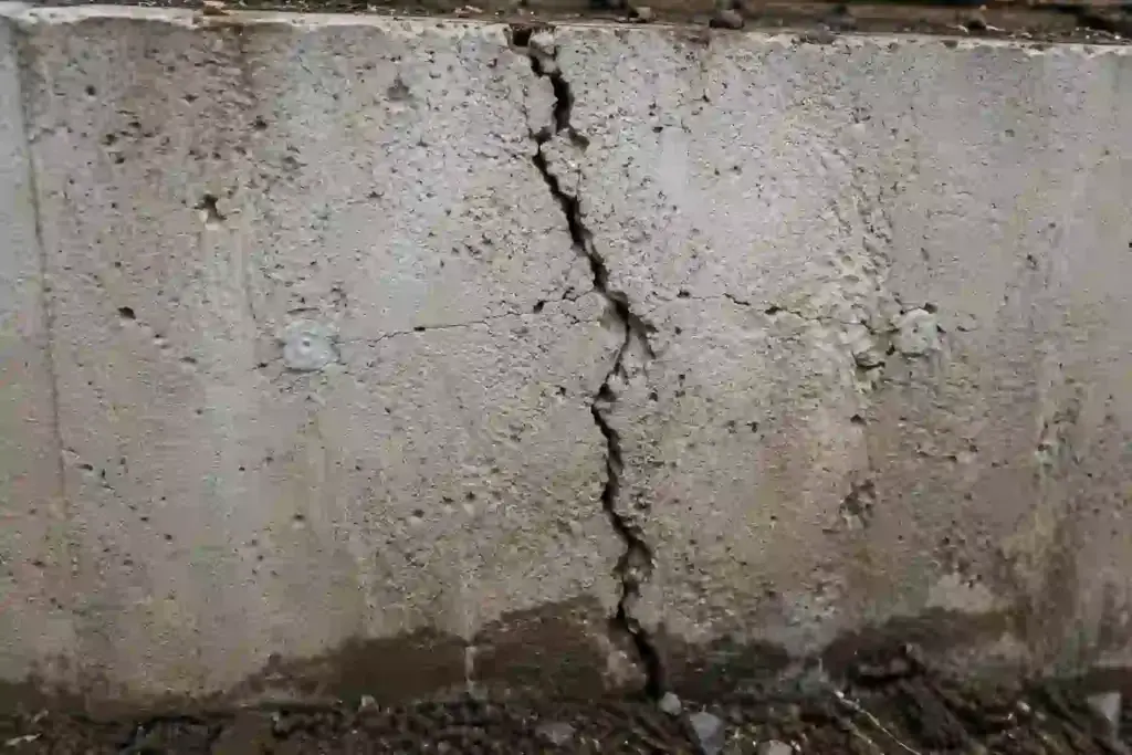 Vertical structural crack in a poured concrete foundation wall during exterior basement waterproofing inspection
