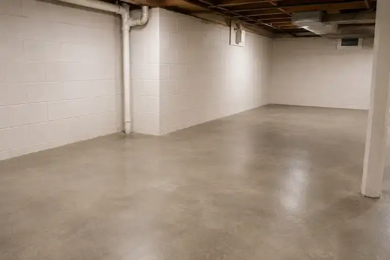 Completed interior basement waterproofing project with clean restored basement floor.
