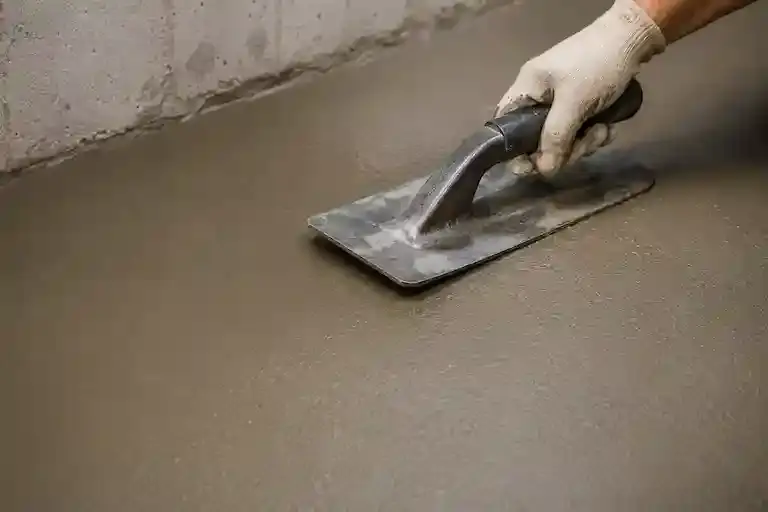 Concrete floor restoration after interior basement waterproofing installation.