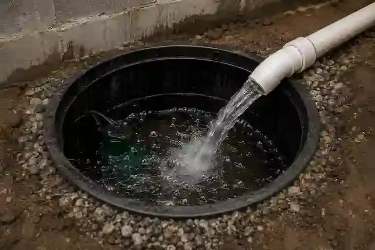 Final testing of interior basement waterproofing sump and drainage system.
