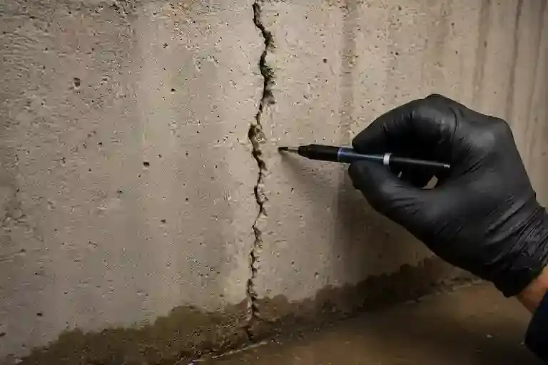 Foundation crack assessment during interior basement waterproofing inspection in Ontario.