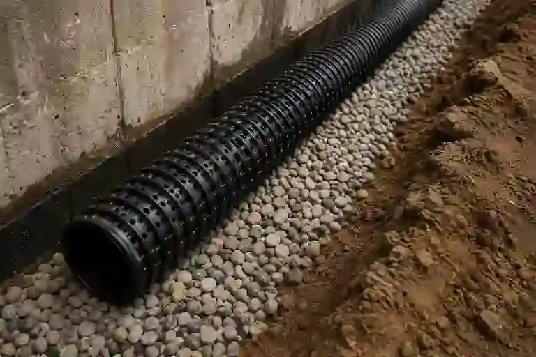 Interior drainage channel installation for basement waterproofing and groundwater control.