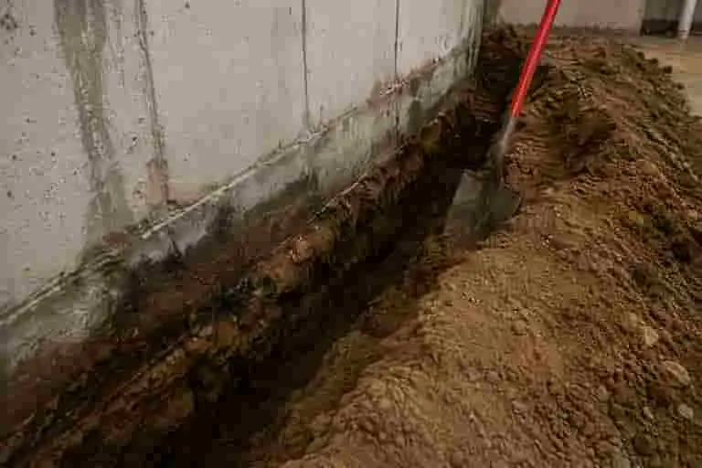 Perimeter trench excavation for interior basement waterproofing system installation.