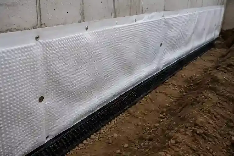 Interior basement vapor barrier protection system installed along foundation wall.