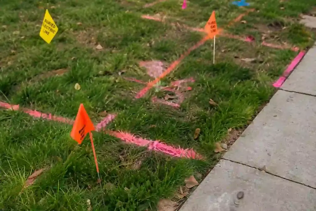 Utility locate flags and underground line markings on grass before exterior basement waterproofing excavation in Ontario