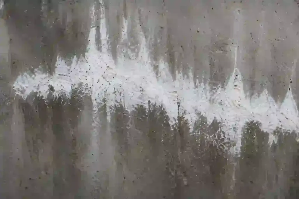 White mineral efflorescence staining on a residential Ontario concrete basement wall caused by moisture migration