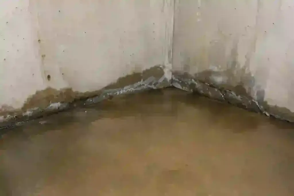 Damp unfinished Ontario basement corner with moisture staining and conditions associated with musty basement odors