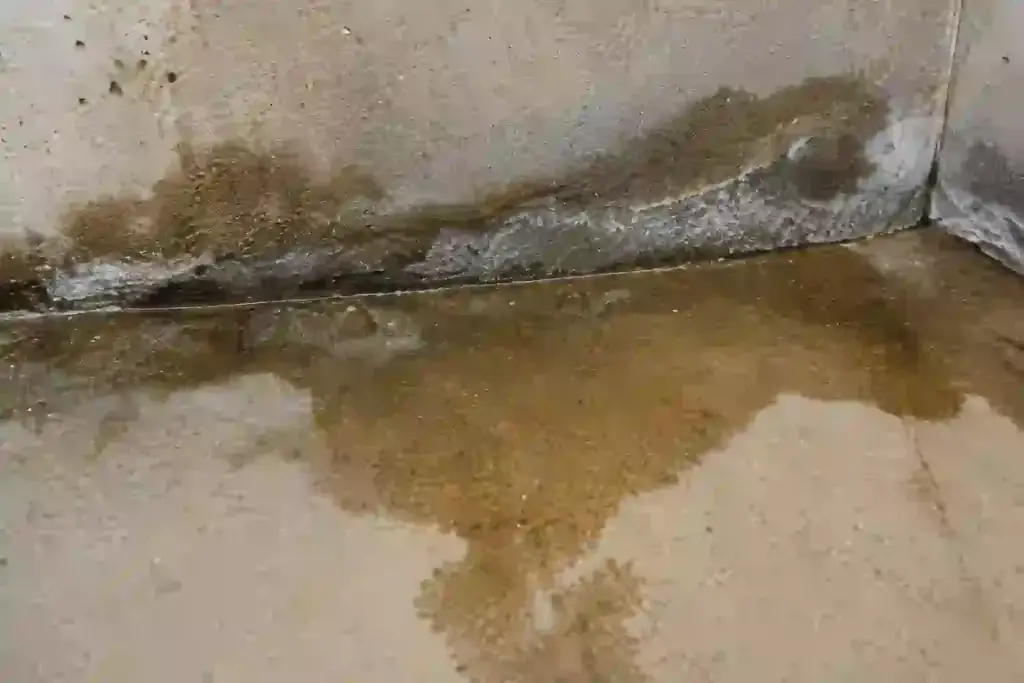 Water seepage collecting along the basement cove joint where the floor meets the foundation wall in an Ontario home