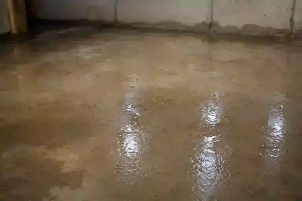 Wet concrete basement floor in an Ontario home showing standing moisture and water intrusion conditions
