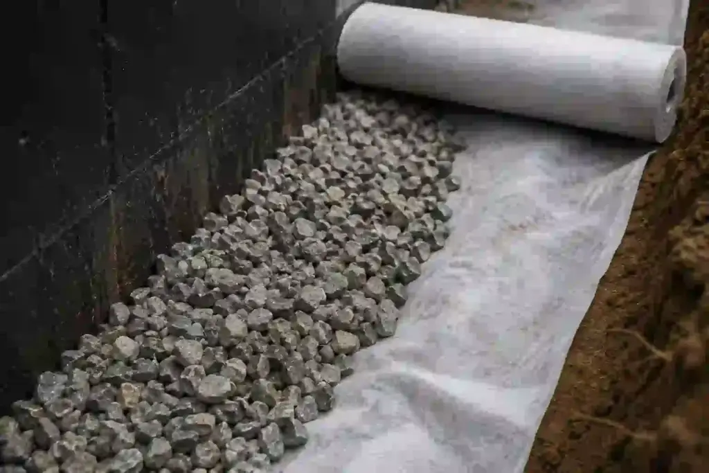 3/4 inch clear washed stone and white filter fabric installed beside a residential foundation during exterior waterproofing in Ontario