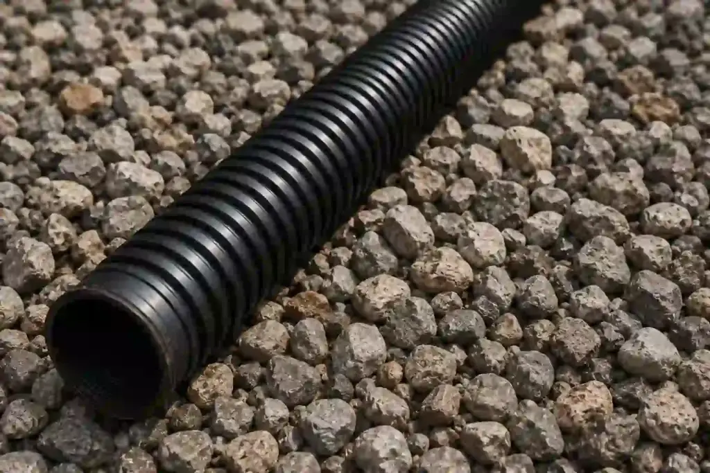 Black weeping tile drainage pipe installed in clear washed gravel during exterior waterproofing in Ontario