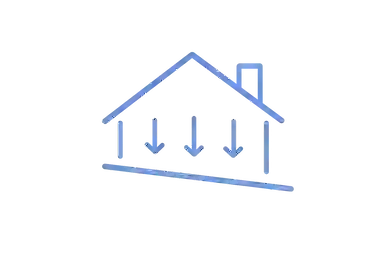 Blue exterior grading icon showing improper slope directing water toward a house foundation