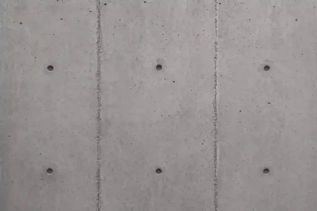 Close-up texture of a poured concrete basement foundation wall with visible form tie holes and vertical seams.