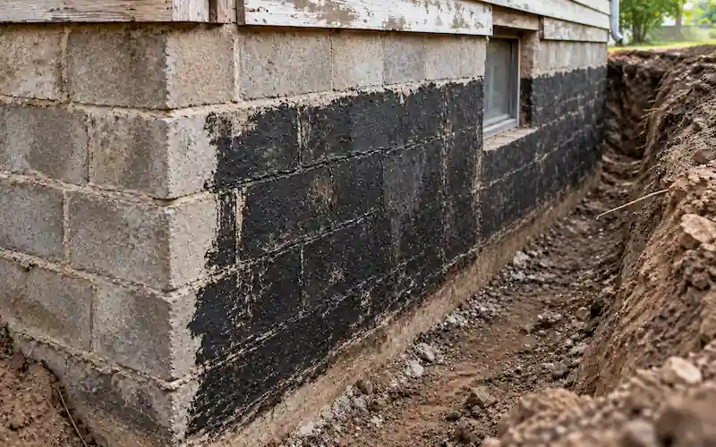 Concrete block foundation with an early asphaltic damp-proofing coating.