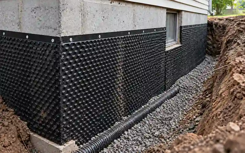Exterior concrete foundation with dimpled drainage membrane and footing drainage.
