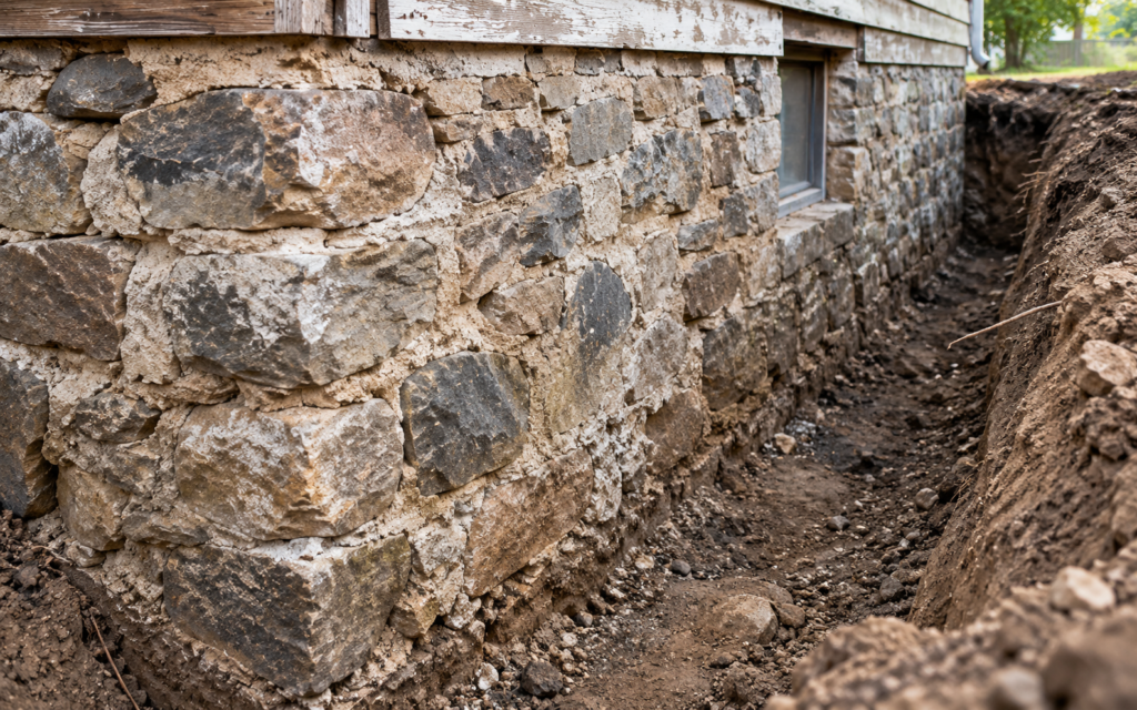 Historic stone foundation with exposed rubble masonry and no modern perimeter drainage.