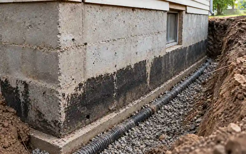 Foundation footing with perimeter weeping tile surrounded by drainage stone.